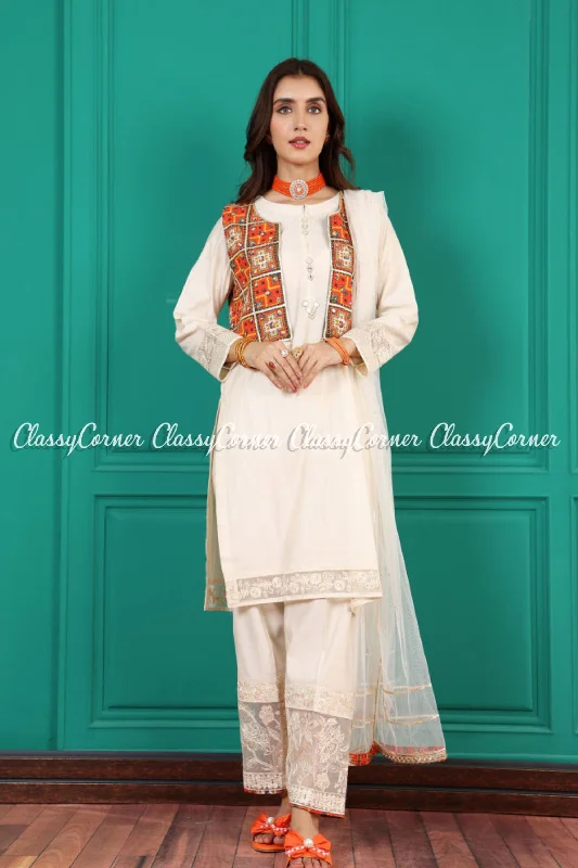 Cream White Katan Embroidered Salwar Kameez with Waistcoat Earthy tone unclassified dresses