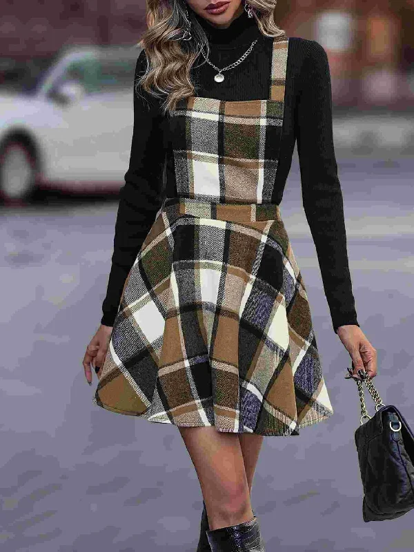 Crisscross Plaid Wide Strap Overall Dress Holiday unclassified dresses