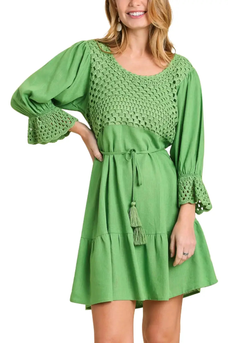 Crochet Overlay Round Neck Dress Smocked unclassified dresses