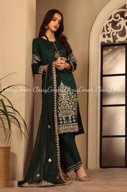 Dark Green Golden Katan Embroidered Formal Salwar Kameez Fall unclassified dresses