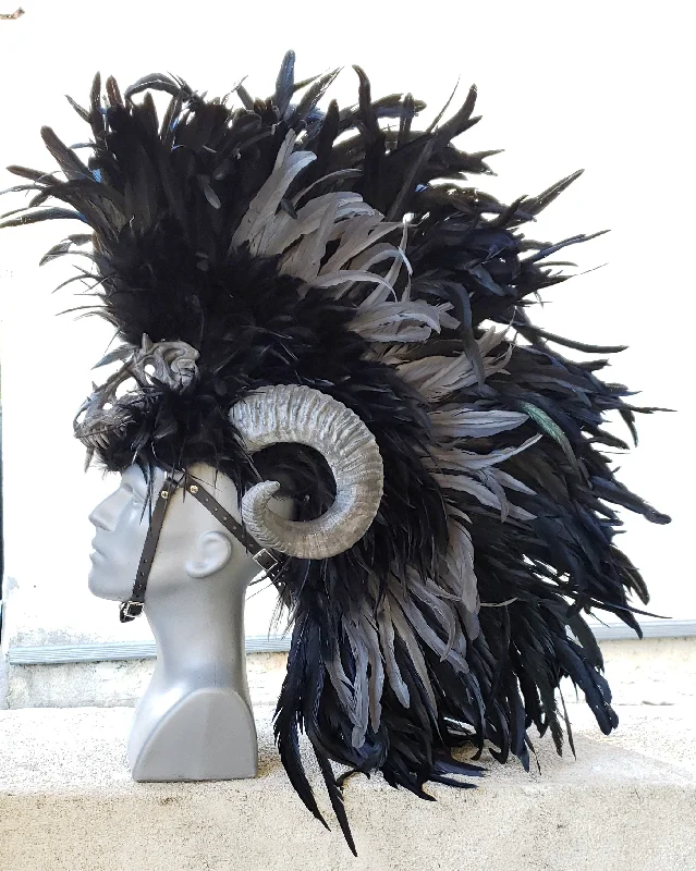 Dragon Slayer Headdress- Black feather headdress with ram horns and dragon skull Best-selling unclassified dresses