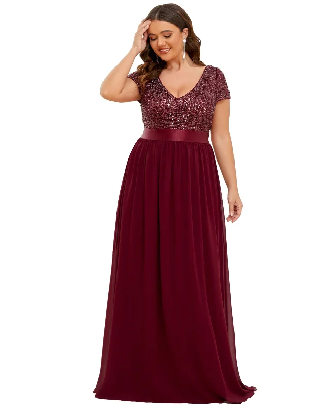 Empire Waist V-Neck Cap Sleeve Chiffon Evening Dress | Burgundy Bold pattern unclassified dresses