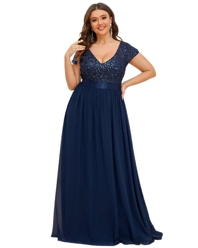 Empire Waist V-Neck Cap Sleeve Chiffon Evening Dress | Navy Blue Everyday wear unclassified dresses