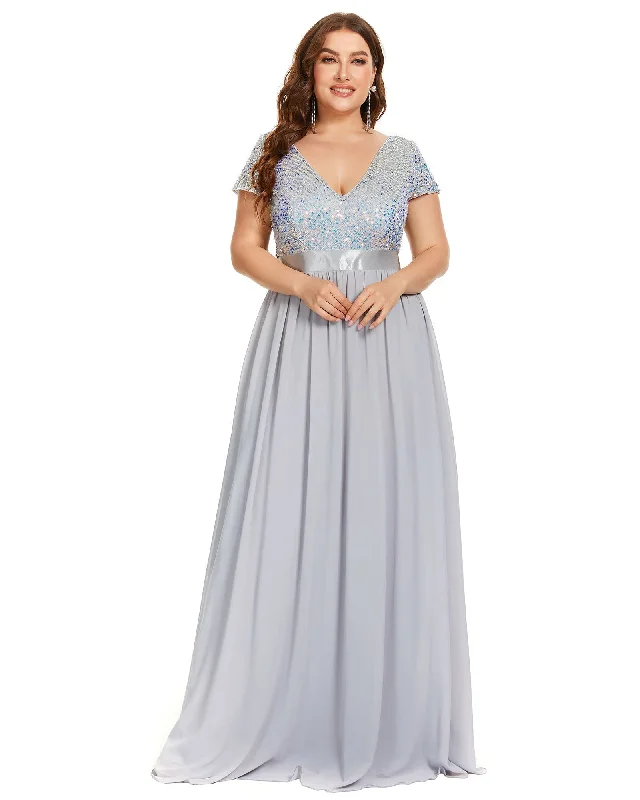 Empire Waist V-Neck Cap Sleeve Chiffon Evening Dress | Silver Printed unclassified dresses