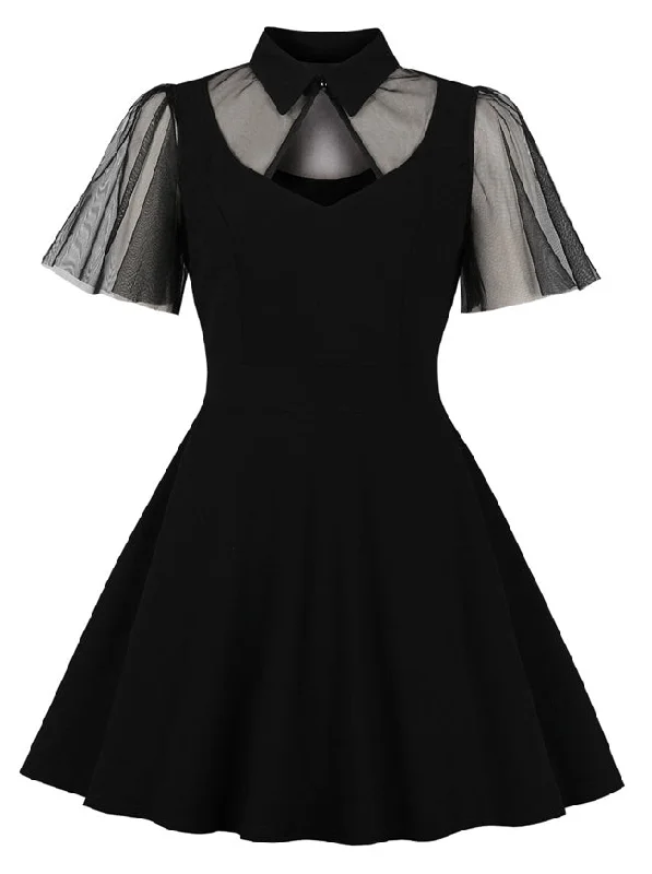 Gothic Cut-out Ruffle Sleeve Sheer Mesh Splicing Black Swing Dress Off-shoulder unclassified dresses