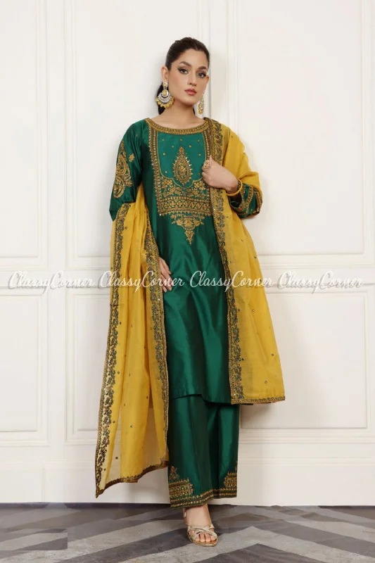 Green Yellow Katan Embroidered Formal Salwar Kameez Striped unclassified dresses