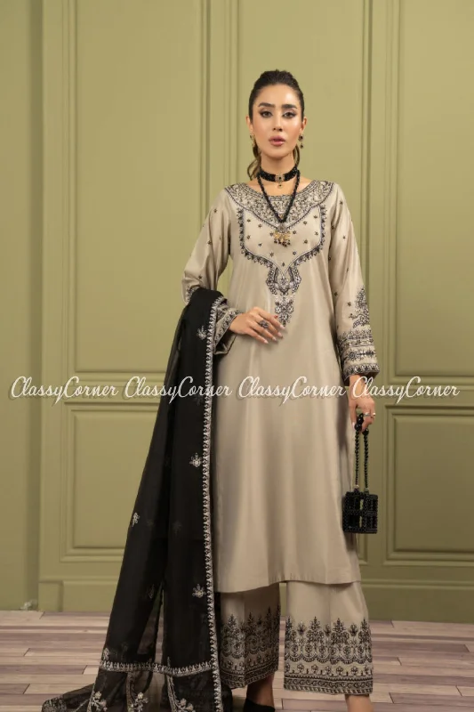 Grey Black Katan Embroidered Pakistani Readymade Outfit Casual chic unclassified dresses