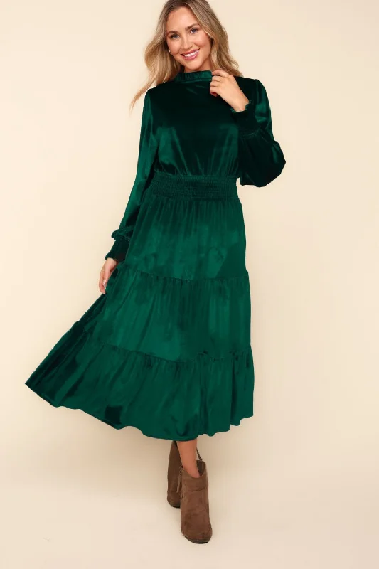 Haptics Mock Neck Smocked Waist Velvet Tiered Dress Off-shoulder unclassified dresses