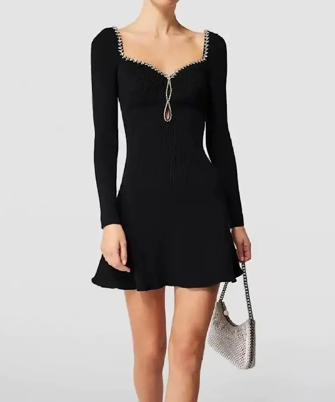 Jeweled Square Collar Black Knit Dress Festival unclassified dresses