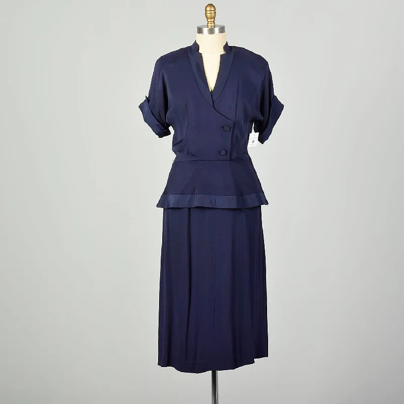 Large 1940s Dress Navy Blue Rayon Peplum Low Cut 'V' Neckline Casual chic unclassified dresses