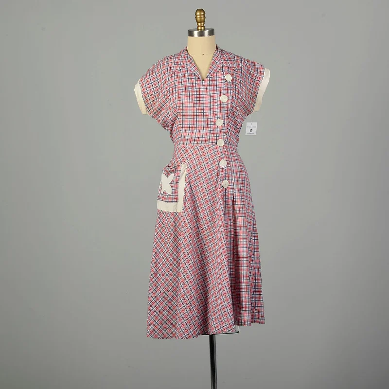 Large 1950s Day Dress Asymmetrical Red Plaid Cotton Tie Back Waist Everyday wear unclassified dresses