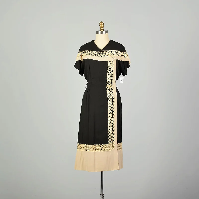 Large 1950s Wrap Dress Asymmetric Cape Collar Black Cream Applique Earthy tone unclassified dresses