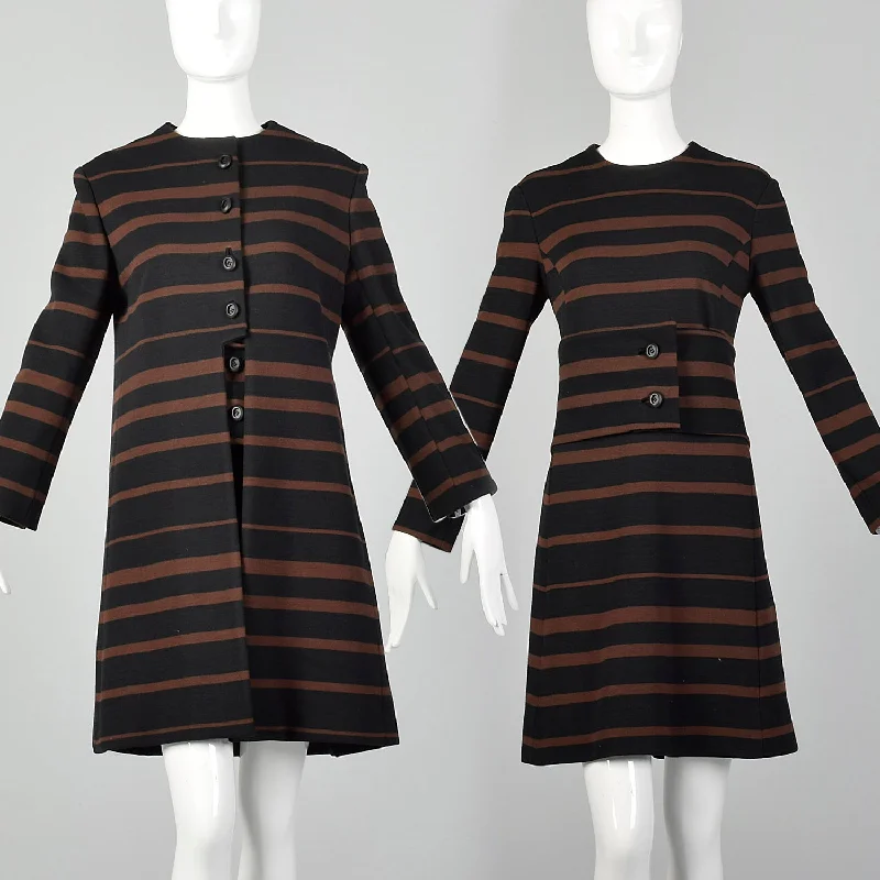 Large 1960s Wool Knit Two Piece Set Dress Jacket Cumberbund Ensemble Brown Black Horizontal Stripe Comfortable unclassified dresses