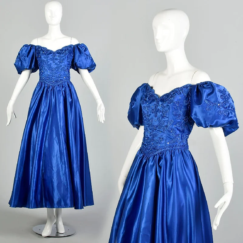 Large 1980s Mike Benet Formals Blue Ribbon Puff Sleeve Prom Dress Sequin unclassified dresses