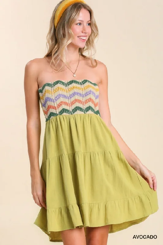 Linen Blend Strapless Tiered Dress with Crochet Overlay at Chest, & Smocked Back IN AVOCADO Cotton unclassified dresses