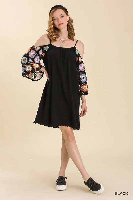 Linen Cold Shoulder Dress with Crochet Sleeve and Hem  IN BLACK Knitted unclassified dresses