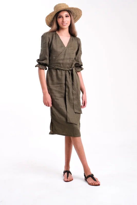 Linen Wrap Dress in Forrest Green | Jules Lounge unclassified dresses