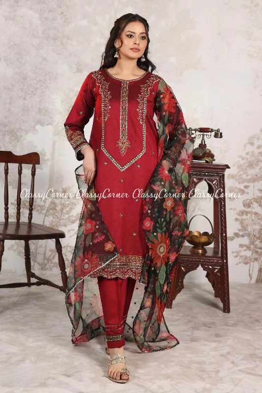 Maroon Katan Embroidered Readymade Outfit Cocktail unclassified dresses