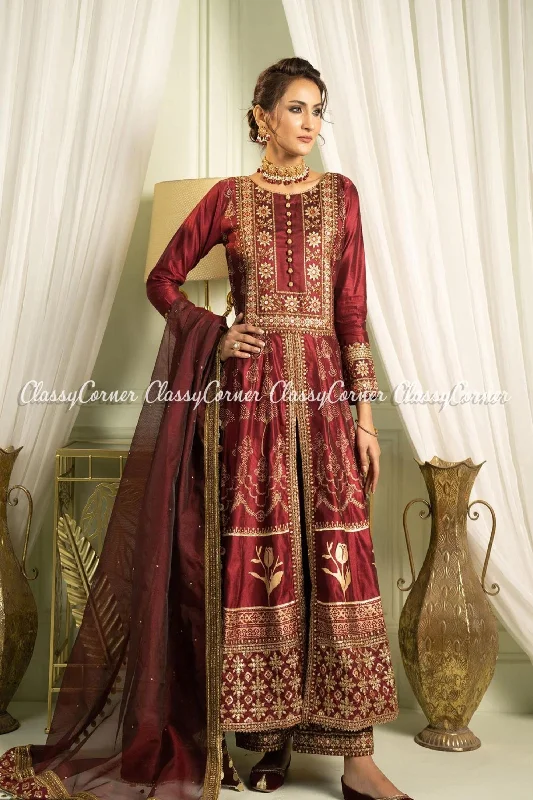 Maroon Katan Embroidered Readymade Suit Monochrome unclassified dresses