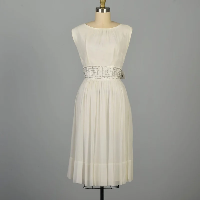 Medium 1960s White Silk Dress Rhinestone Waist Sleeveless Budget-friendly unclassified dresses