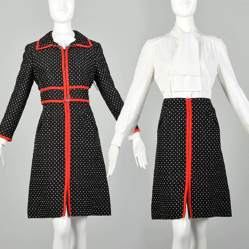 Medium 1970s Dress Jacket Ensemble Pussy Bow Red Black Ivory Knit Set Date night unclassified dresses