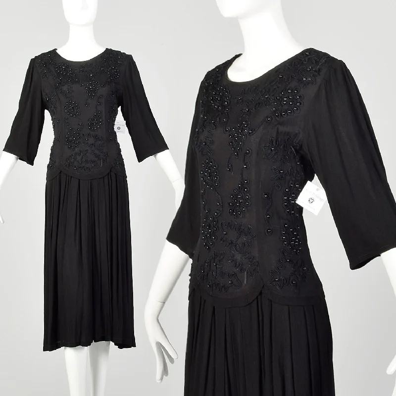 Medium 1990s Dress Black Beaded Crepe Quarter-Sleeve LBD Boho unclassified dresses