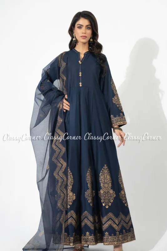 Navy Blue Katan Embroidered Formal Wear Frock Dress One-shoulder unclassified dresses