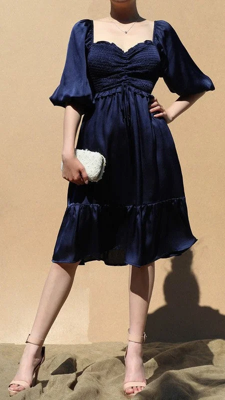 Navy Smocked Satin Dress Chic unclassified dresses