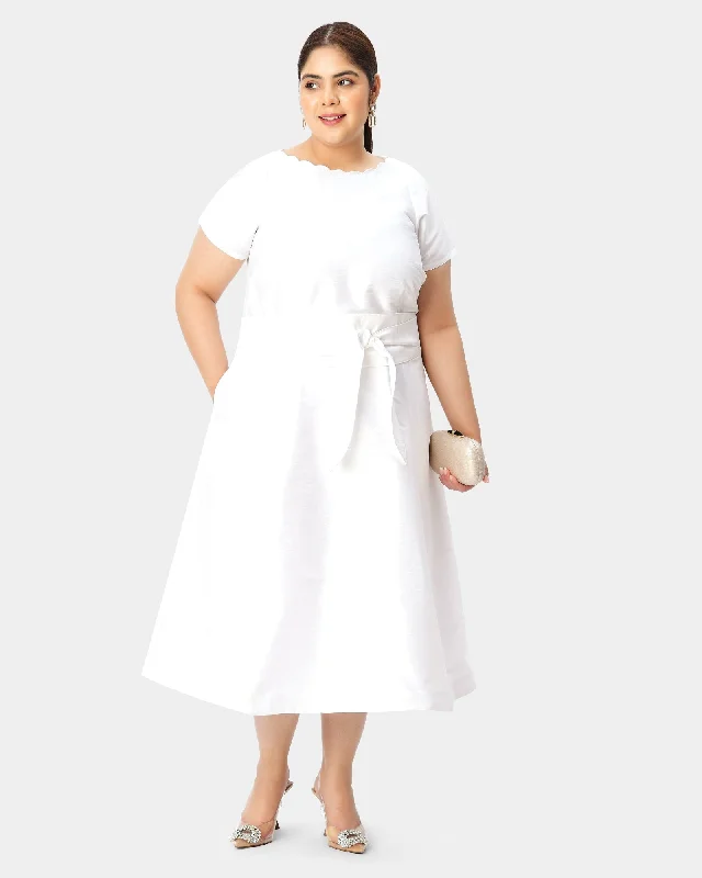 Obi belt dupioni scallop trim dress | White Holiday unclassified dresses