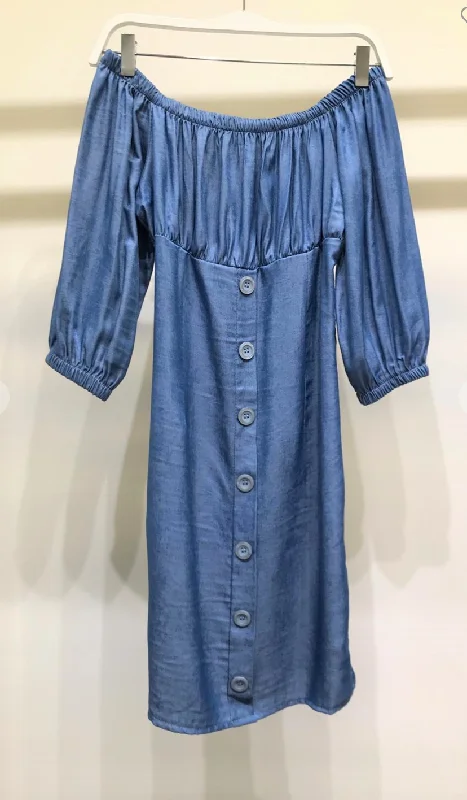 OFF SHOULDER CHAMBRAY BUTTON DOWN DETAIL DRESS High-low unclassified dresses