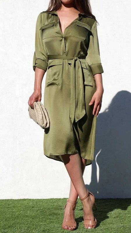 Olive Button Down Satin Dress Sexy unclassified dresses