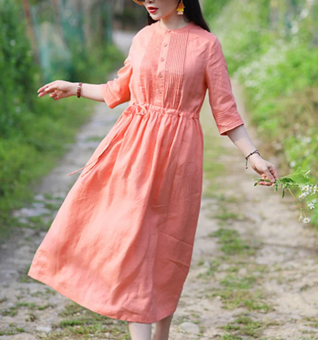 Orange Women Dresses Casual Summer Draw String Linen Women Dresses SJ97215 Cotton unclassified dresses