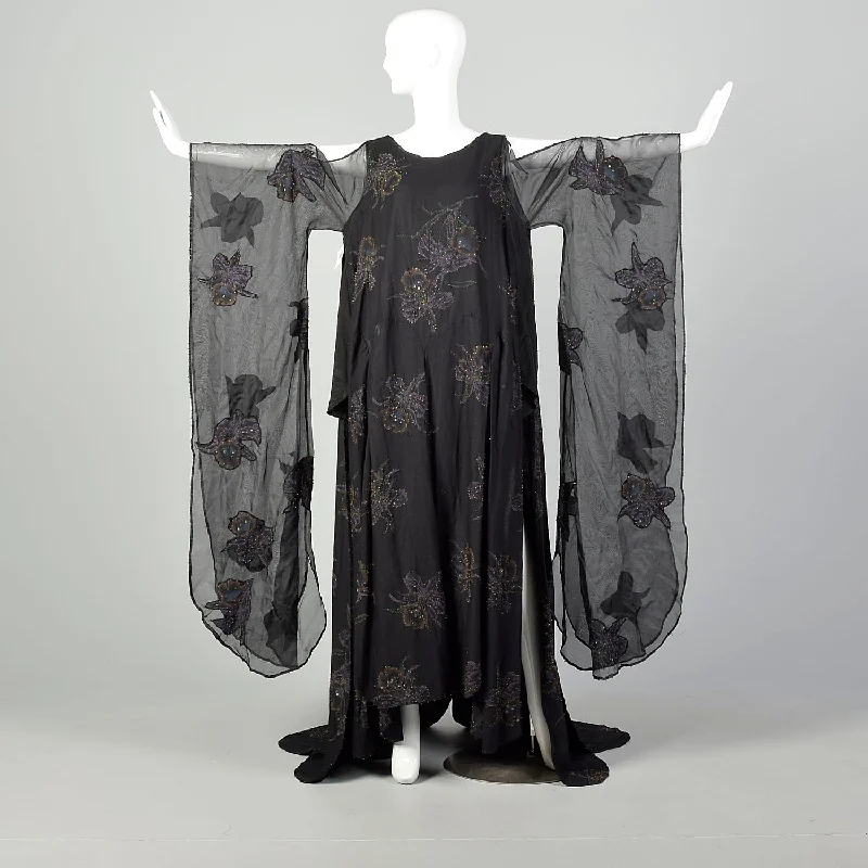 OSFM 1990s Dramatic Flowy Gothic Gown Kaftan Dress Kimono Sleeve Car Wash Beaded Hem Boho unclassified dresses