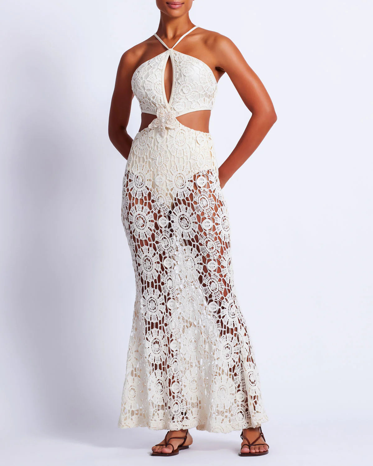 Patbo - Embroidered Crochet Halterneck Dress - Wheat Bodycon unclassified dresses