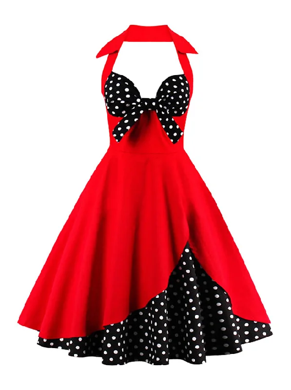 Polka Dot Vintage Dress with Halter Collar Open-back unclassified dresses