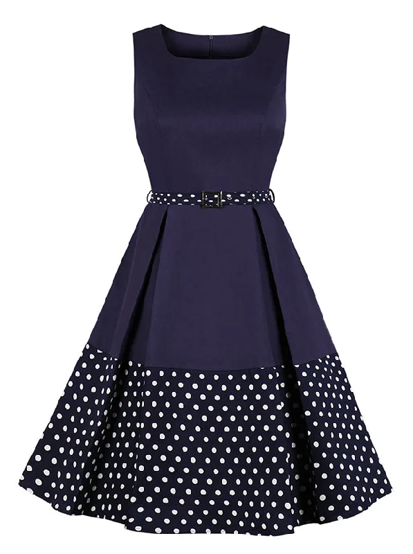 Polka Dots Dress Women's 50s Boat Neck Sleeveless Business Dress with Belt Short unclassified dresses