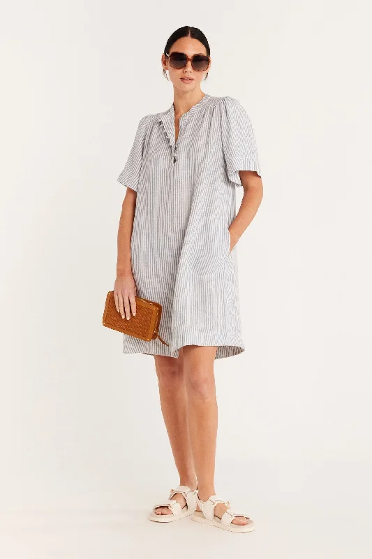 Pure Linen Dress - Blue Stripe One-shoulder unclassified dresses