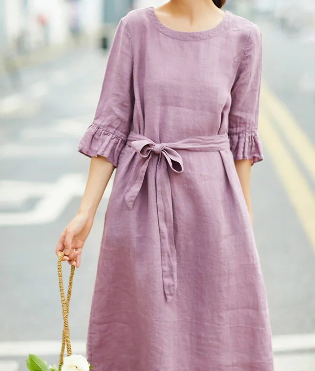 Purple Pink Women Dresses Ruffle  Sleeve Casual Summer  Linen Women Dresses SJ97215 Monochrome unclassified dresses