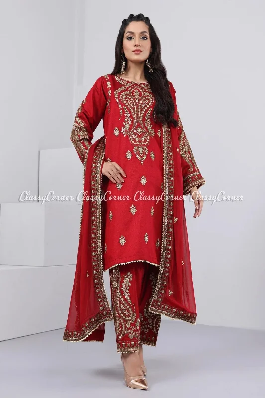 Red Golden Katan Embroidered 3pc Readymade Suit Neutral tone unclassified dresses