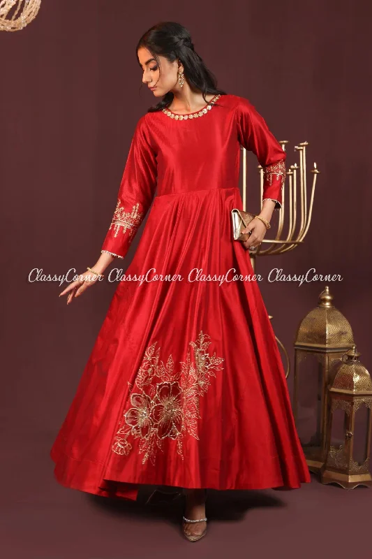 Red Golden Katan Embroidered Frock Minimalist unclassified dresses