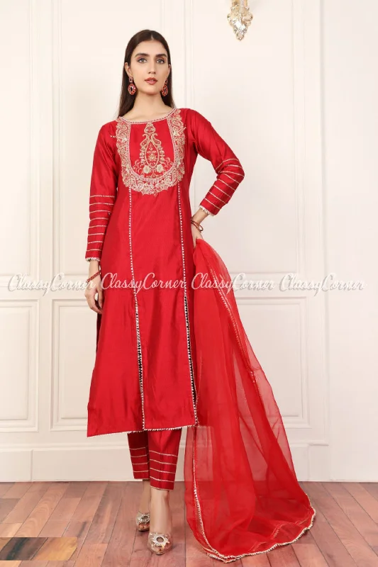 Red Golden Katan Embroidered Readymade Salwar Kameez Breathable unclassified dresses