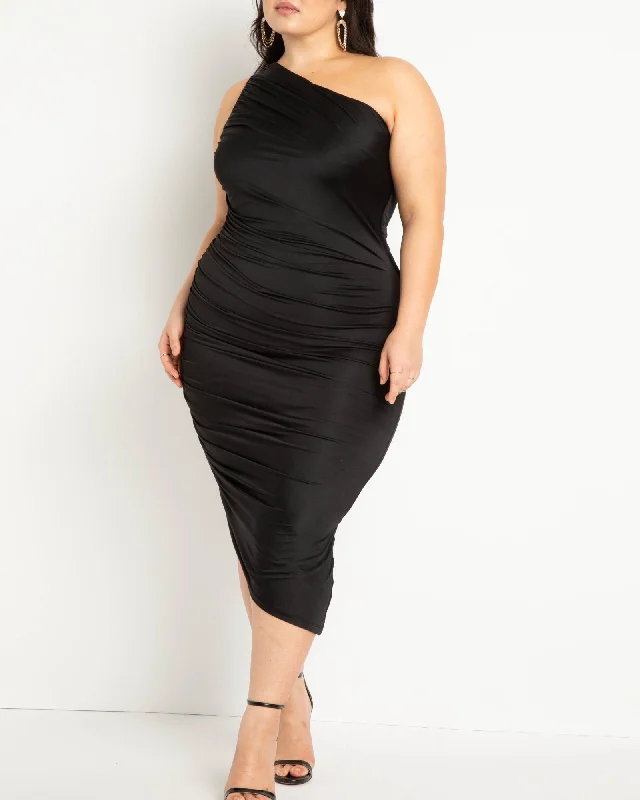 Ruched One Shoulder Dress- Black | Black Halter unclassified dresses