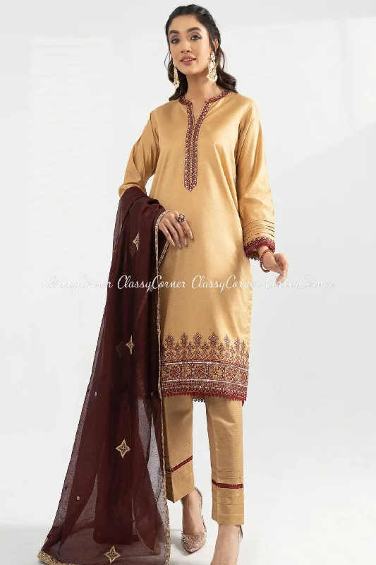 Beige Katan Embroidered Shalwar Kameez Flowy unclassified dresses