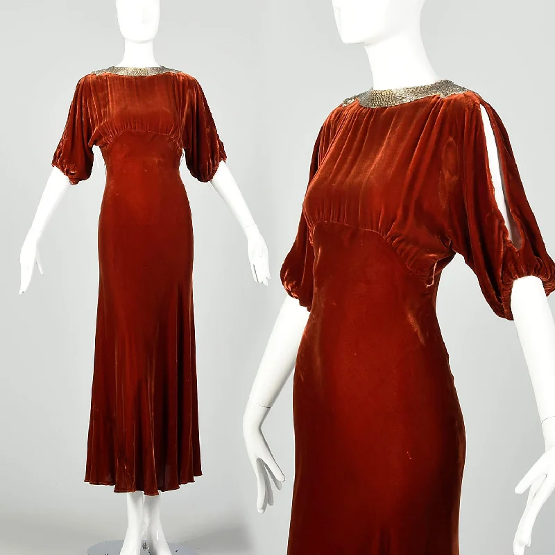 Small 1930s Silk Velvet Dress Tawny Glamorous Beaded Evening Gown Old Hollywood Short unclassified dresses