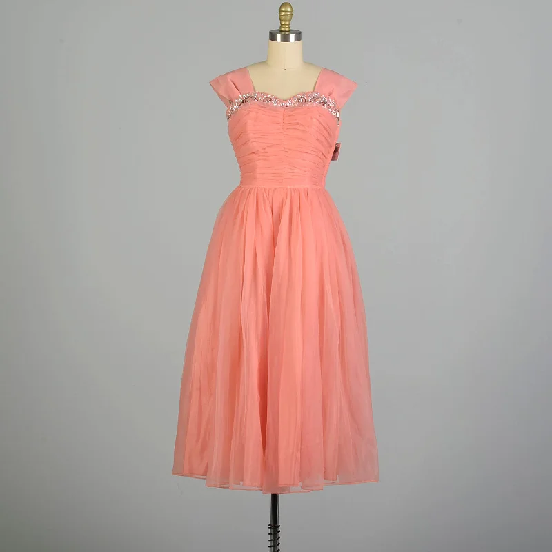 Small 1950s Pink Coral Prom Dress Bead Embellished Ruched Chiffon Bodice Date night unclassified dresses