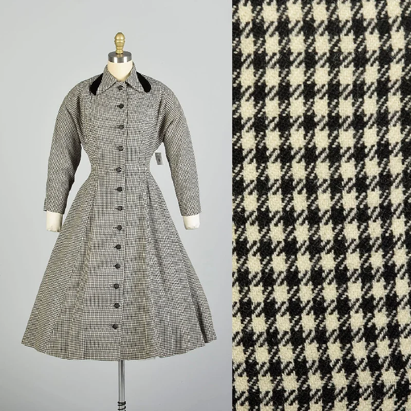 Small 1950s Wool Black White Fit & Flare Houndstooth Winter Coat Dress Breathable unclassified dresses