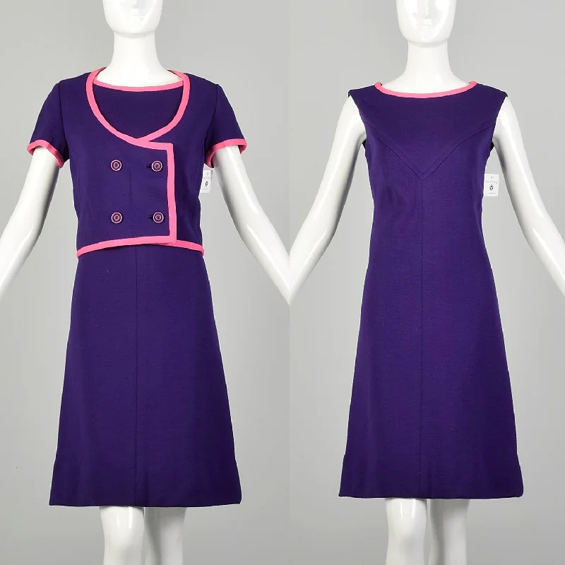 Small 1960s Shift Dress Purple Knit Set Jacket Outfit Color block unclassified dresses