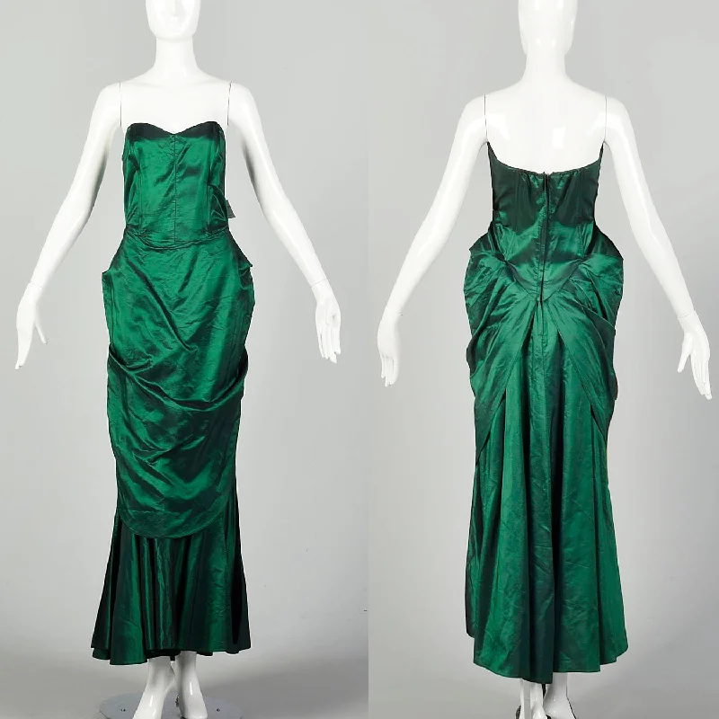 Small 1980s Dress Formal Green Taffeta Mermaid Strapless Evening Prom Gown Open-back unclassified dresses