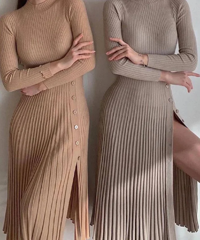 Turtleneck Stripe Knit Button Slit Dress Mesh unclassified dresses