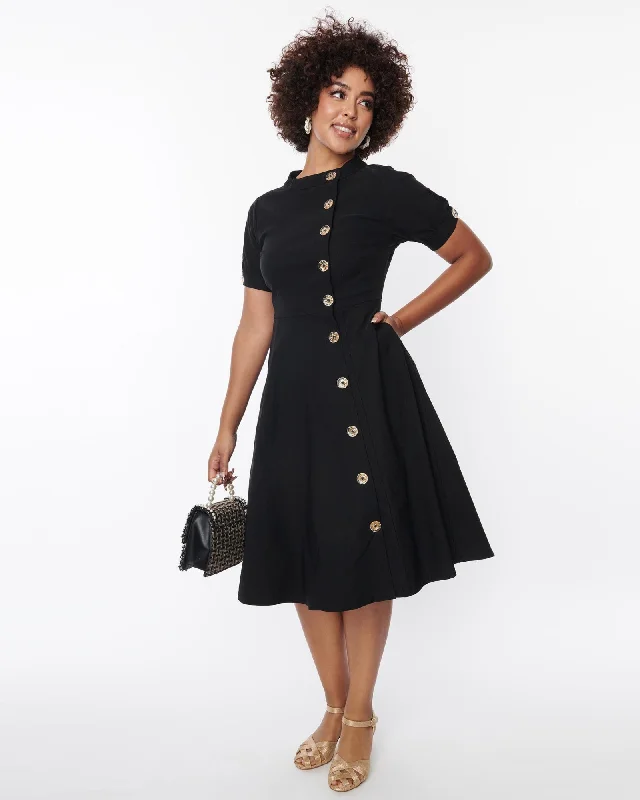 Unique Vintage Black Button Swing Dress | Black Office unclassified dresses